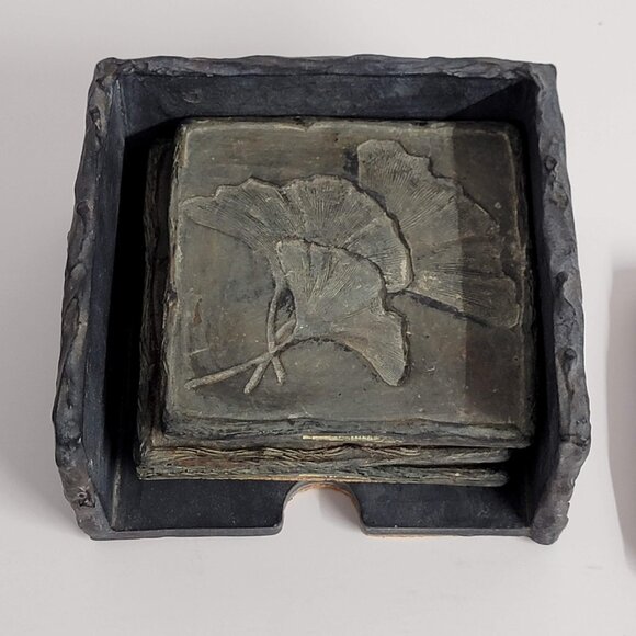 Vintage Hen-Feathers Coasters Leaf Designs 4 Coasters and Holder - Picture 3 of 9